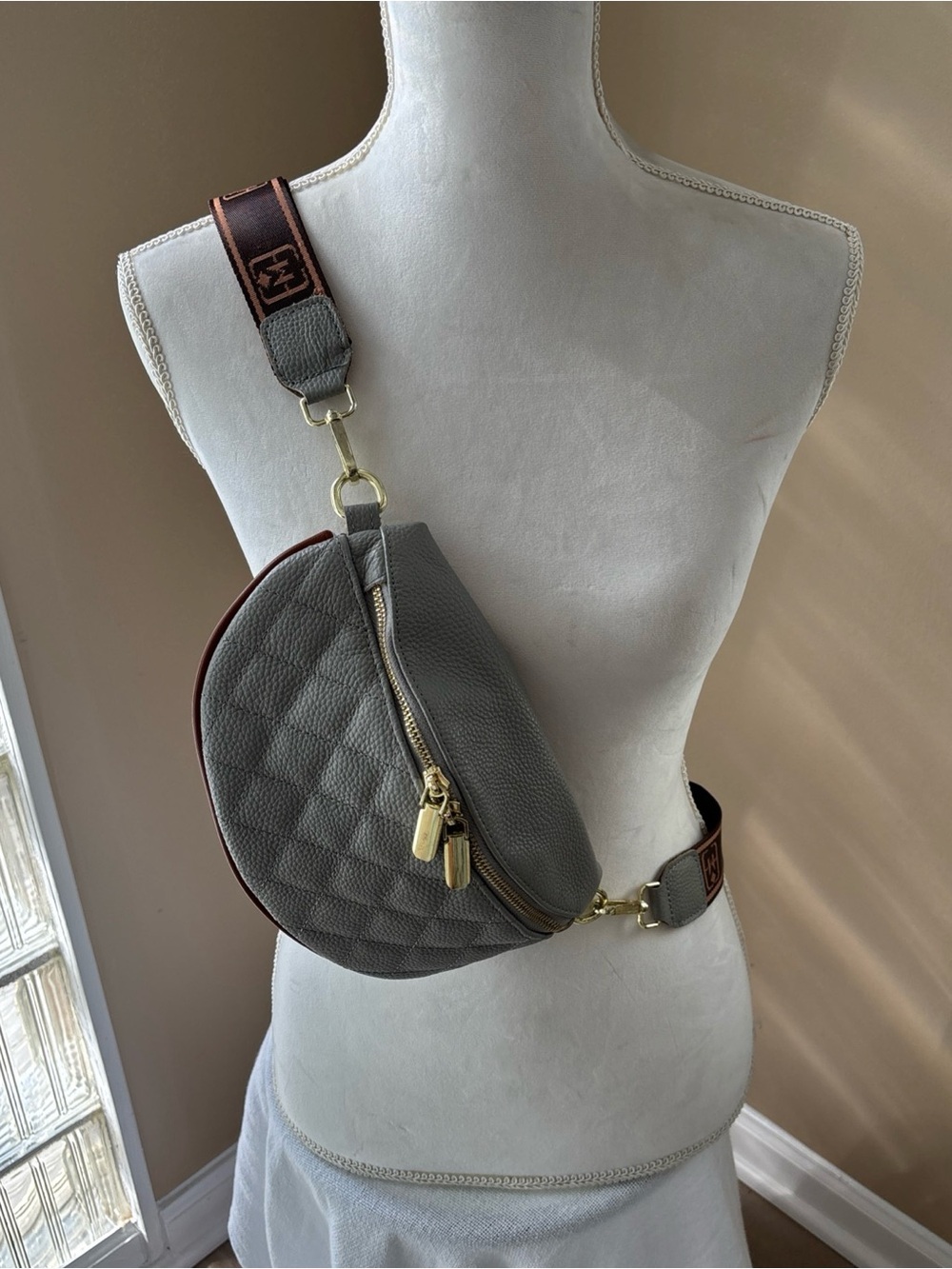 ESLCORRI Gray Quilted Leather Crossbody Belt Bag with Branded Strap
